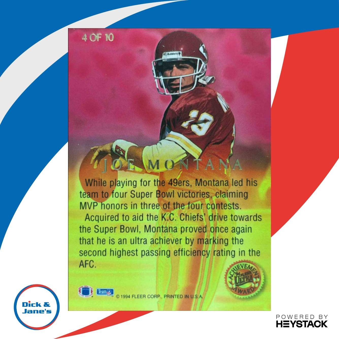 1994 Fleer Ultra Joe Montana Achievement Awards #4 Kansas City Chiefs - Sports Cards