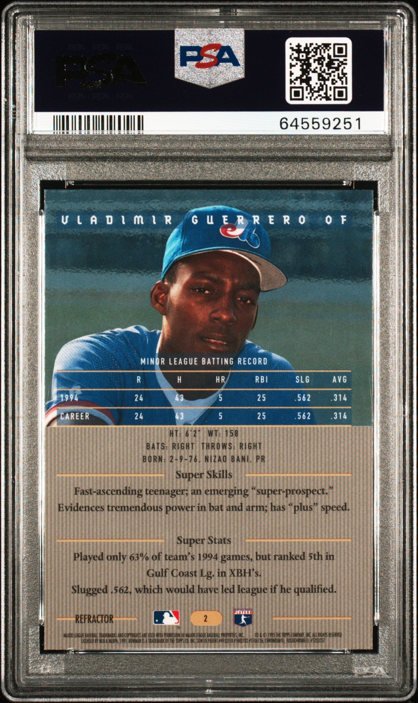 1995 Bowman’s Best Vladimir Guerrero Blue Refractor #2 PSA - Graded Sports Cards