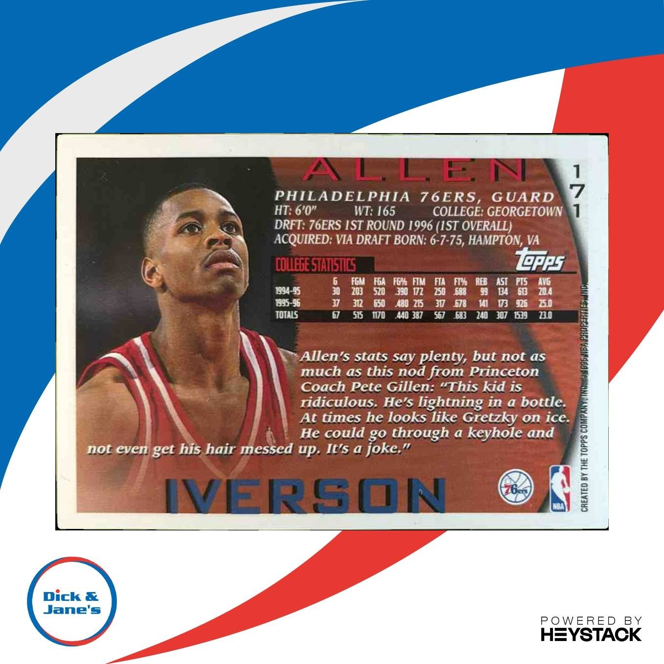 1996-97 Topps Allen Iverson #171 RC Philadelphia 76ers - Sports Cards