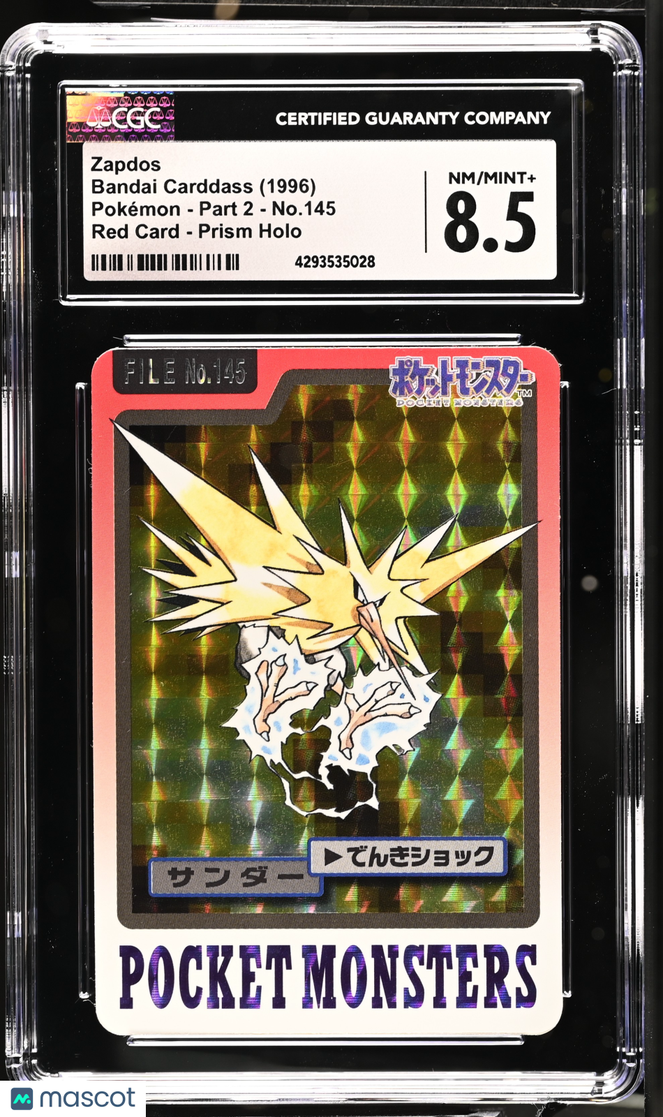 1996 Bandai Carddass Pokemon Part 2 Zapdos #145 Red Card Prism Holo CGC 8.5 - Graded Sports Cards