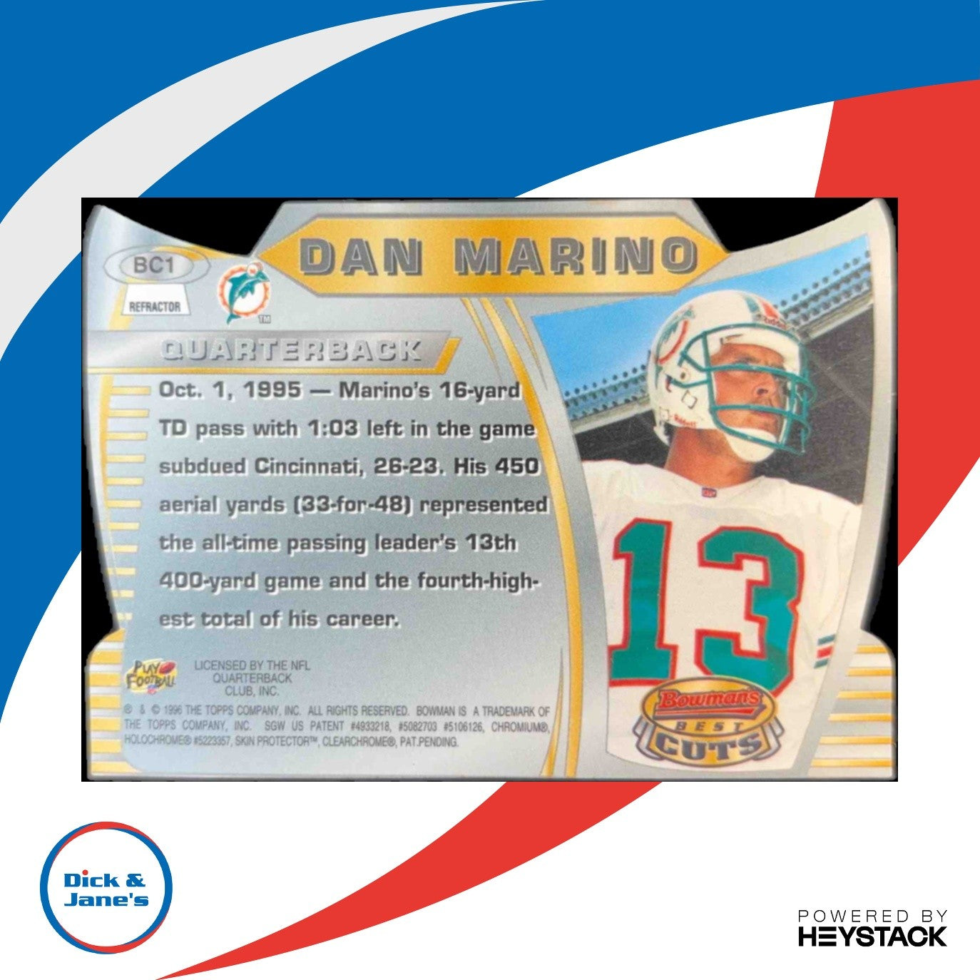 1996 Bowman ’s Best Dan Marino Cuts Refractor #BC1 Miami Dolphins - Sports Cards