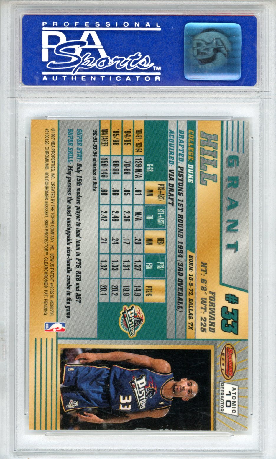 1996 Bowman’s Best Grant Hill Refractor #10 PSA 10 - Graded Sports Cards
