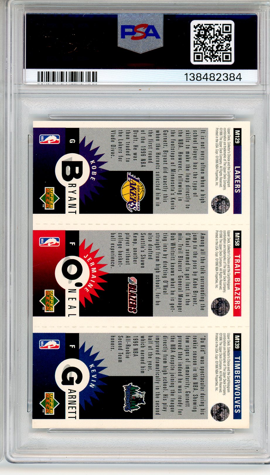 1996 Collector’s Choice Mini II K. Garnett K. Bryant J. O’Neal PSA 9 MINT - Graded Sports Cards