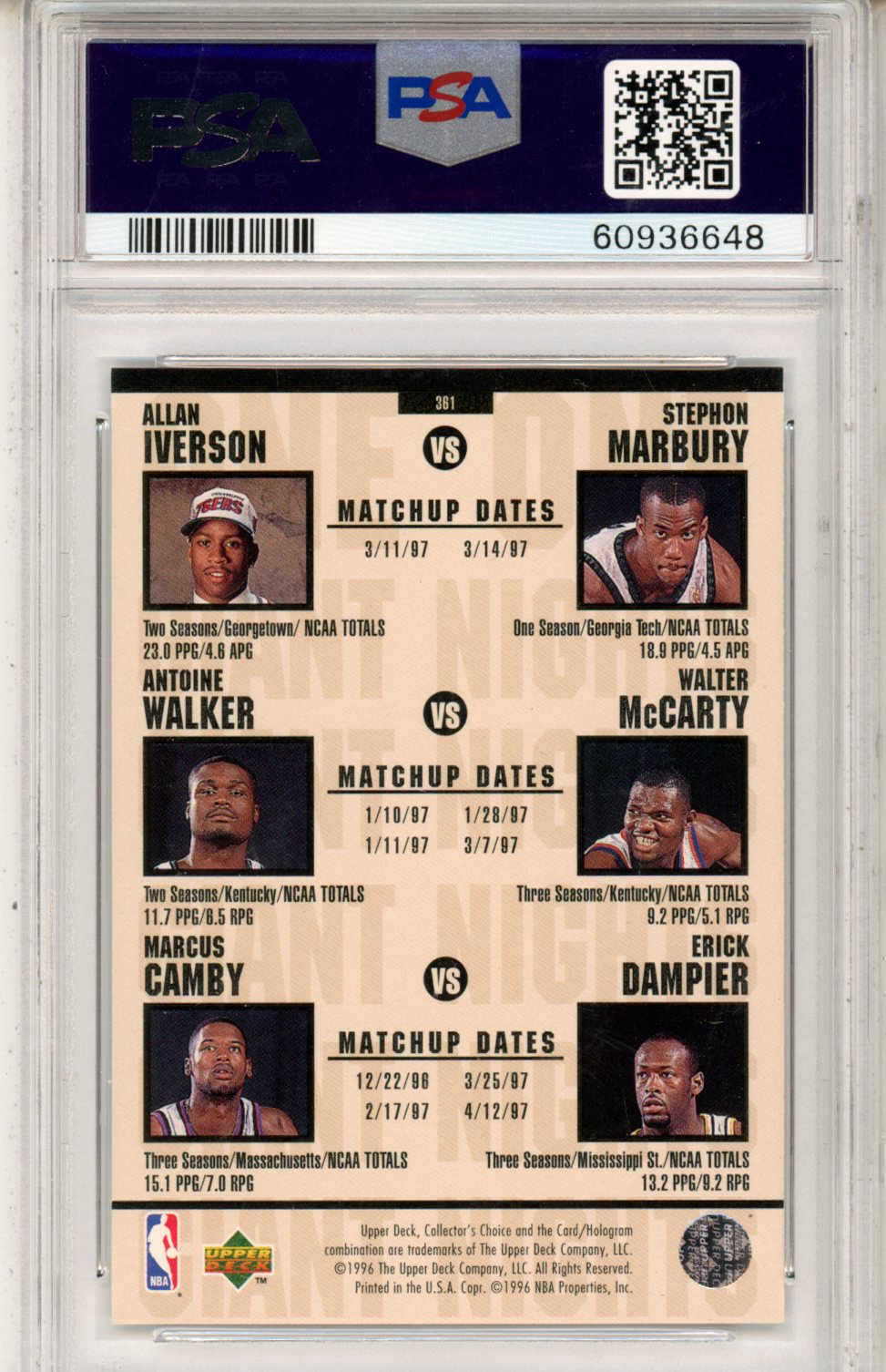 1996 Collector’s Choice Shareef Abdur-Rahim Kobe Bryant One On One #361 PSA 9 - Graded Sports Cards