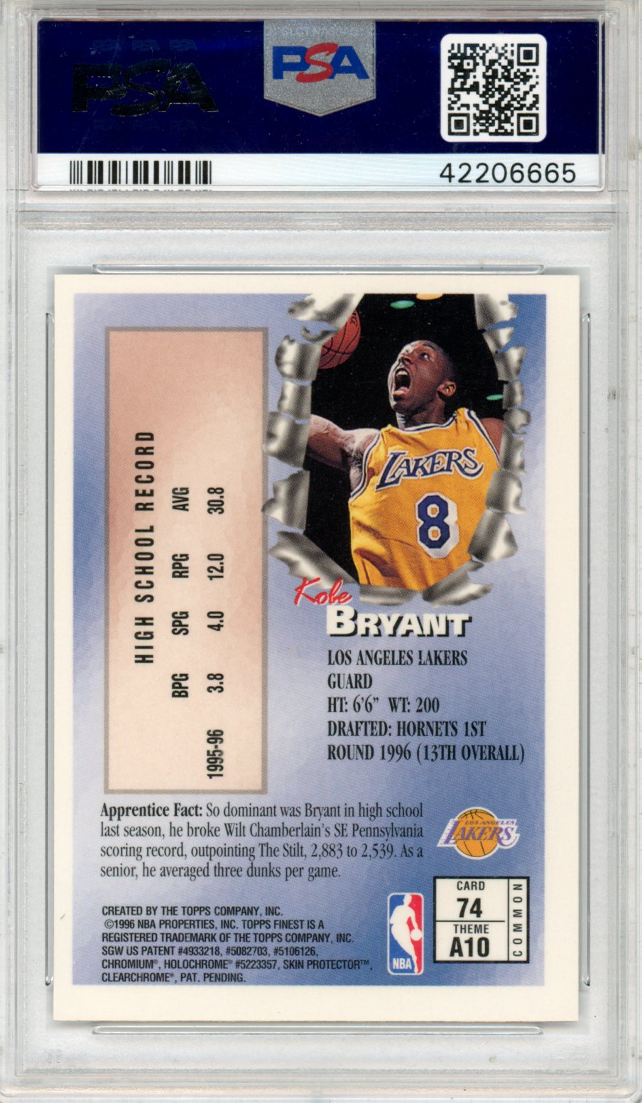 1996 Finest Kobe Bryant W Coating #74 PSA 10 GEM MINT Los Angeles Lakers ROOKIE - Graded Sports Cards