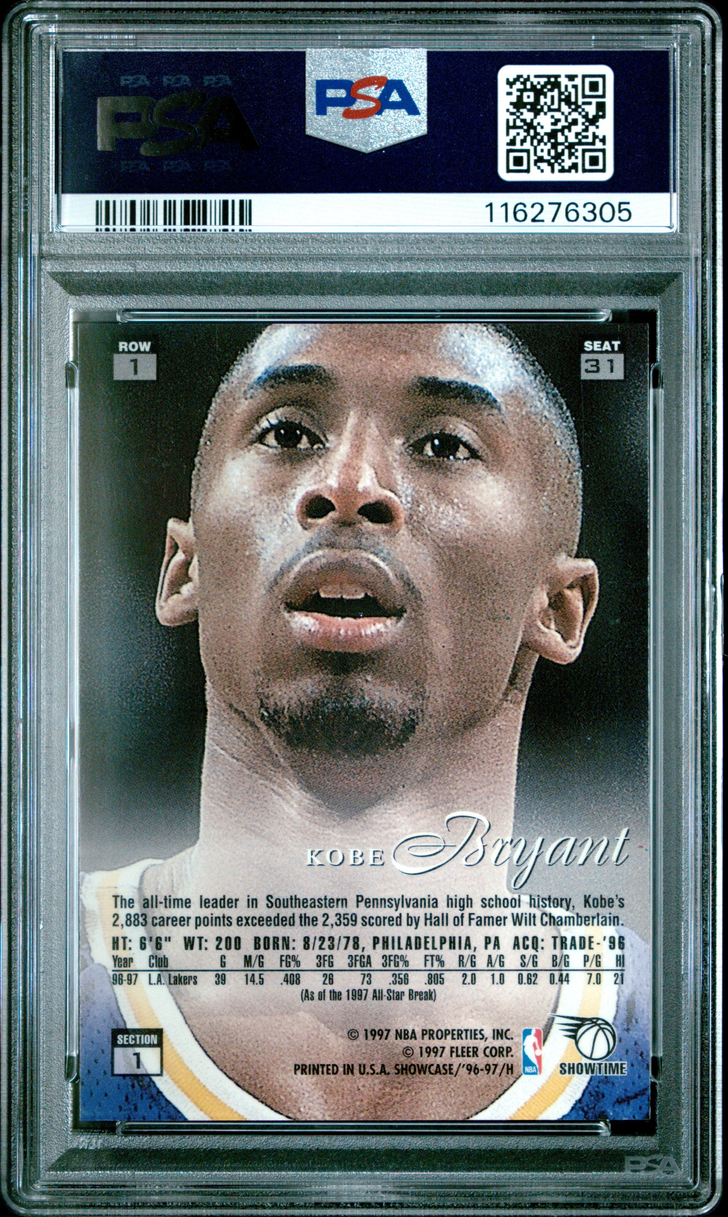 1996 Flair Showcase Kobe Bryant Row 1 #31 PSA 7 - Graded Sports Cards