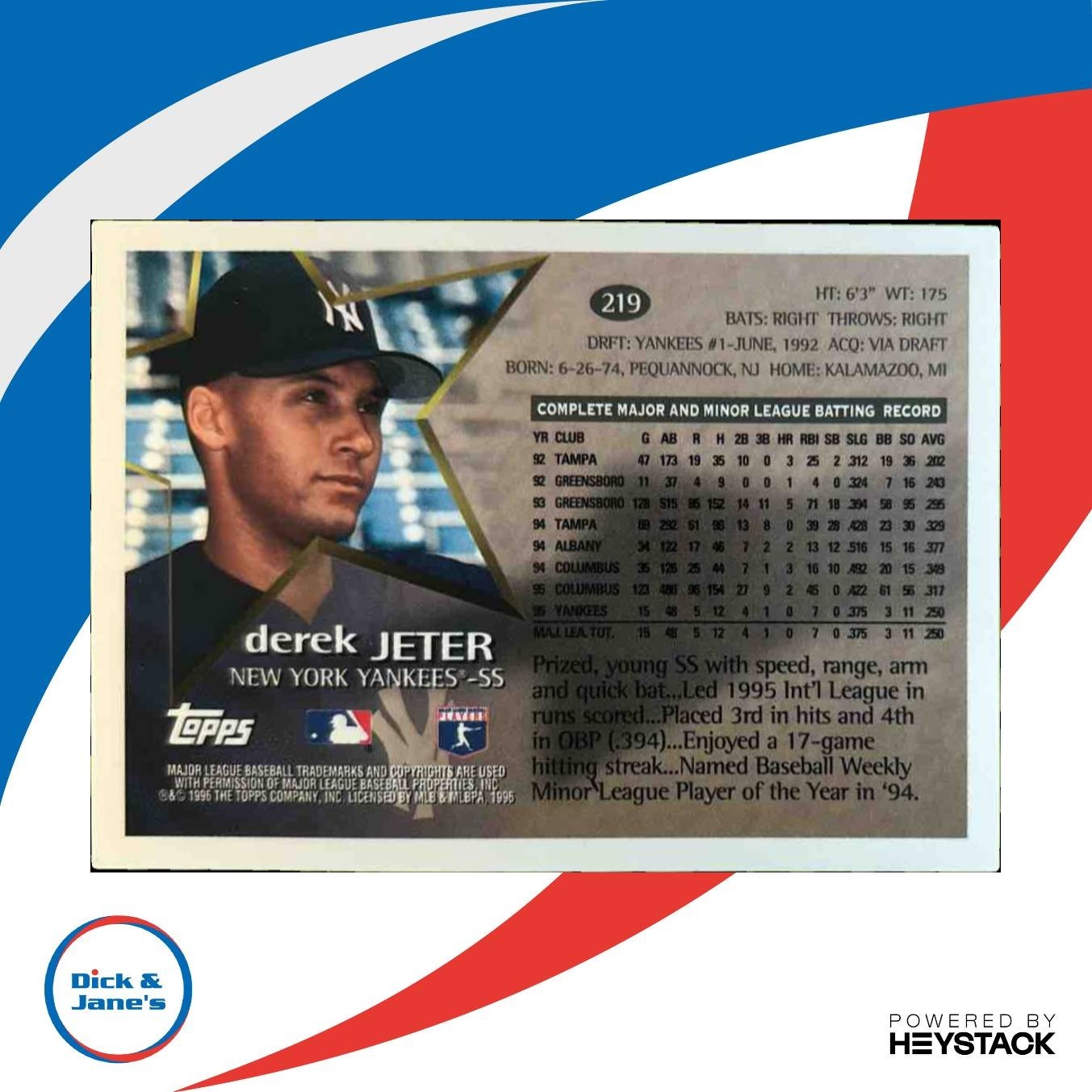 1996 Topps Team Future Star New York Yankees Derek Jeter #219 - Sports Cards