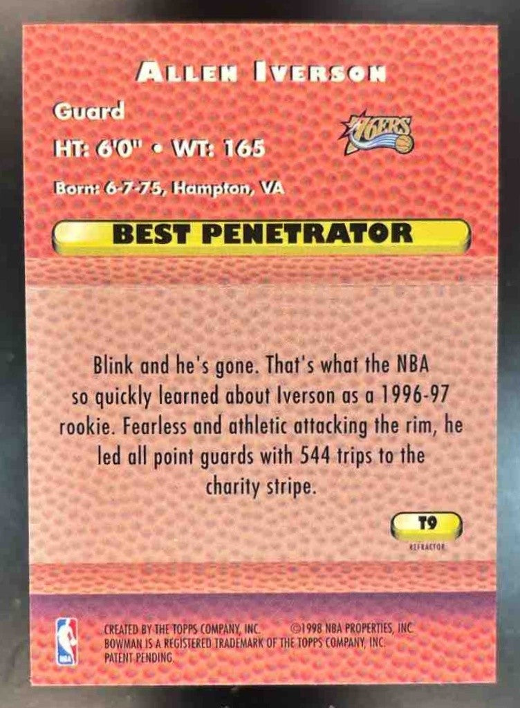 1997-98 Bowman’s Best Allen Iverson Techniques Refractor #T9 Philadelphia 76ers - Sports Cards