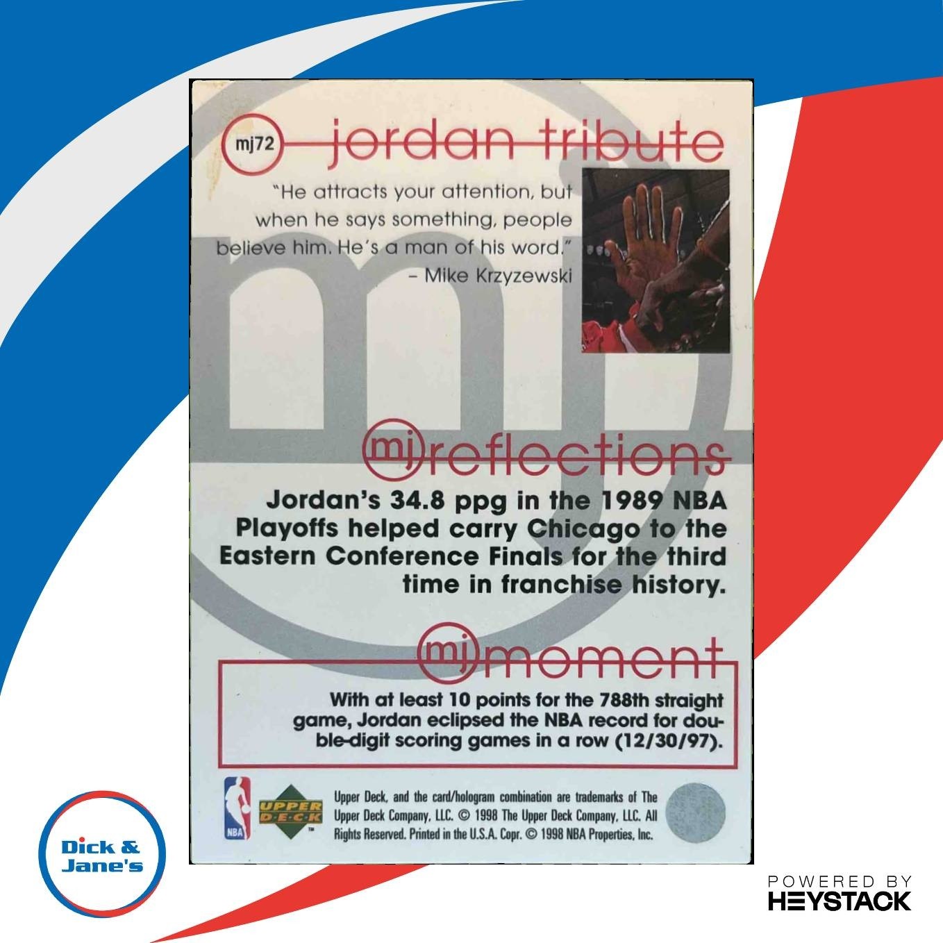 1997-98 Upper Deck Michael Jordan Tribute #MJ72 Chicago Bulls - Sports Cards