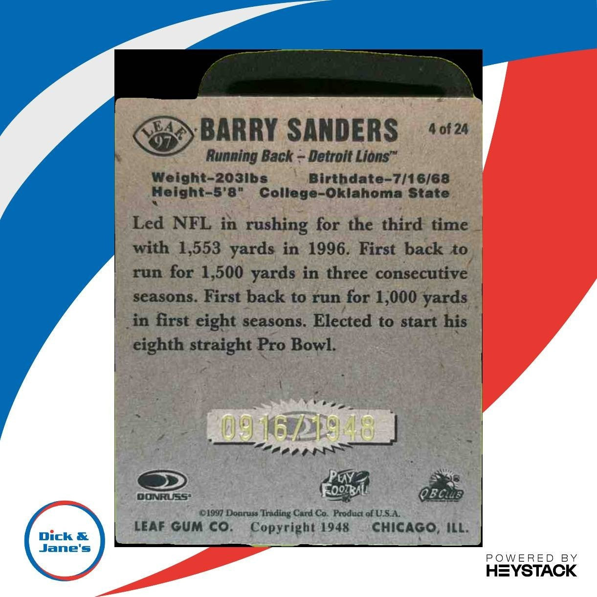 1997 Leaf Barry Sanders Reproductions /1948 #4 Detroit Lions - Sports Cards