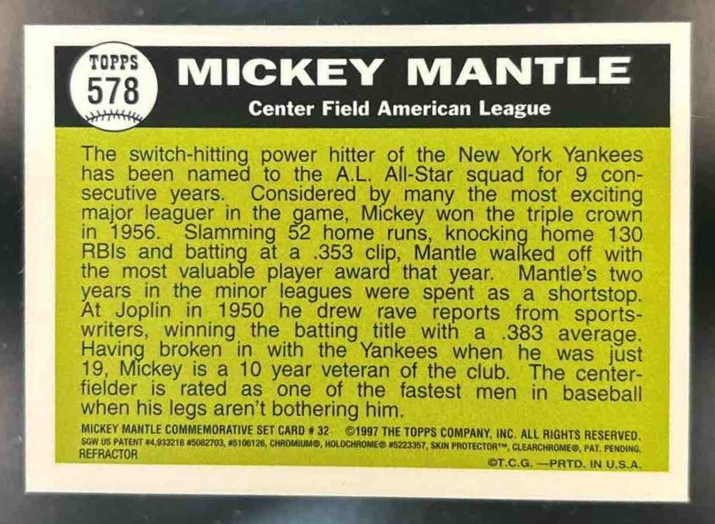 1997 Topps Mickey Mantle Commemorative Reprints Finest Refractor #32 Yankees - Sports Cards