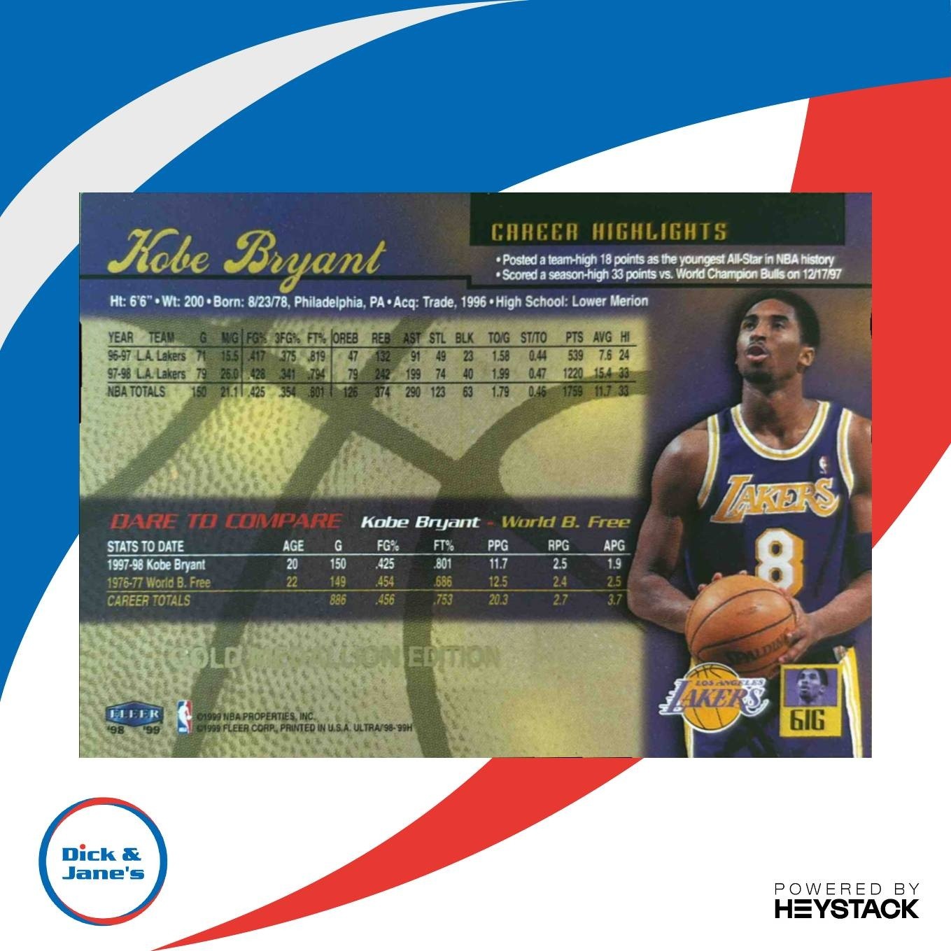 1998-99 Fleer Ultra Kobe Bryant Gold Medallion #61G Los Angeles Lakers - Sports Cards