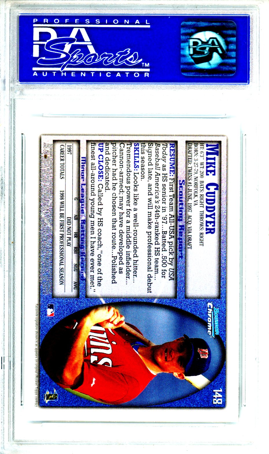 1998 Bowman Chrome Mike Cuddyer Rookie #148 PSA 10 GEM MINT Minnesota Twins Graded Sports Cards