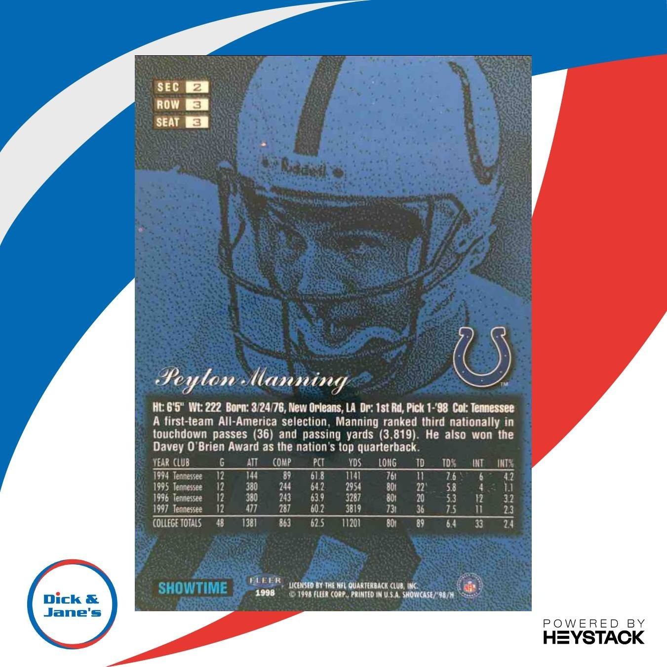 1998 Fleer Flair Showcase Peyton Manning Row 3 #3 Rookie Indianapolis Colts - Sports Cards