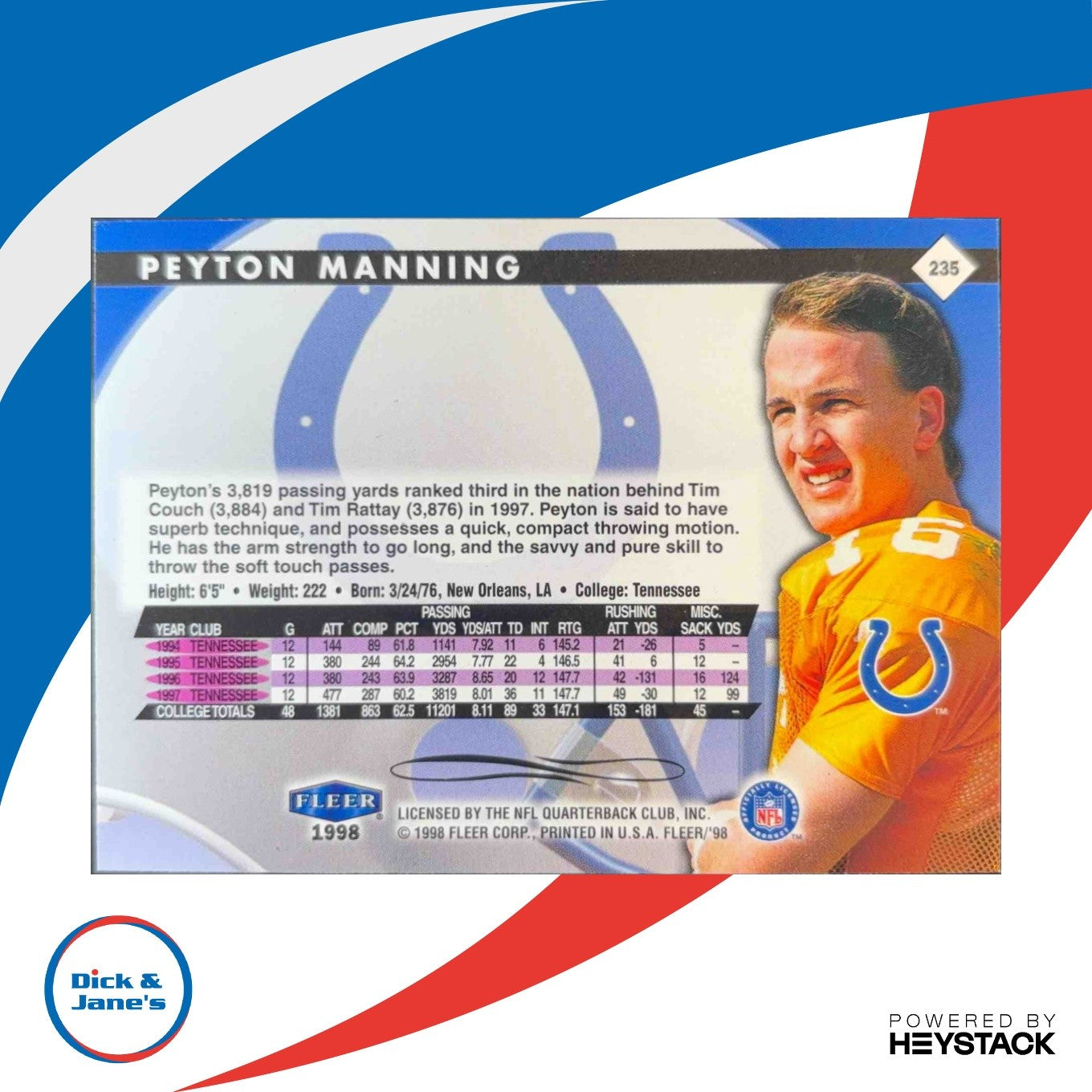 1998 Fleer Tradition Peyton Manning #235 RC Indianapolis Colts - Sports Cards