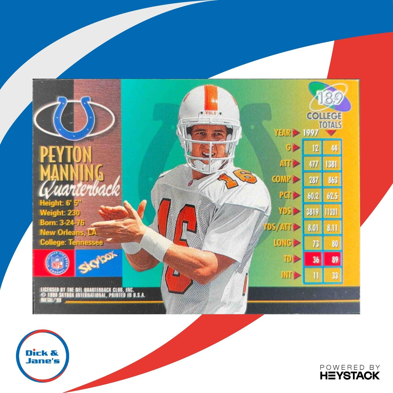 1998 Skybox Metal Universe Peyton Manning #189 RC Indianapolis Colts - Sports Cards