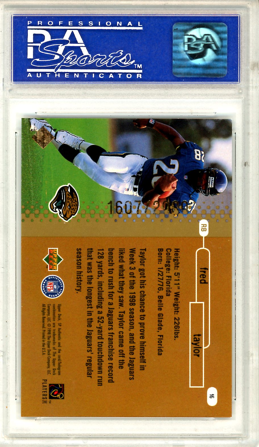 1998 SP Authentic Fred Taylor Rookie #16 PSA 8 Jacksonville Jaguars - Graded Sports Cards