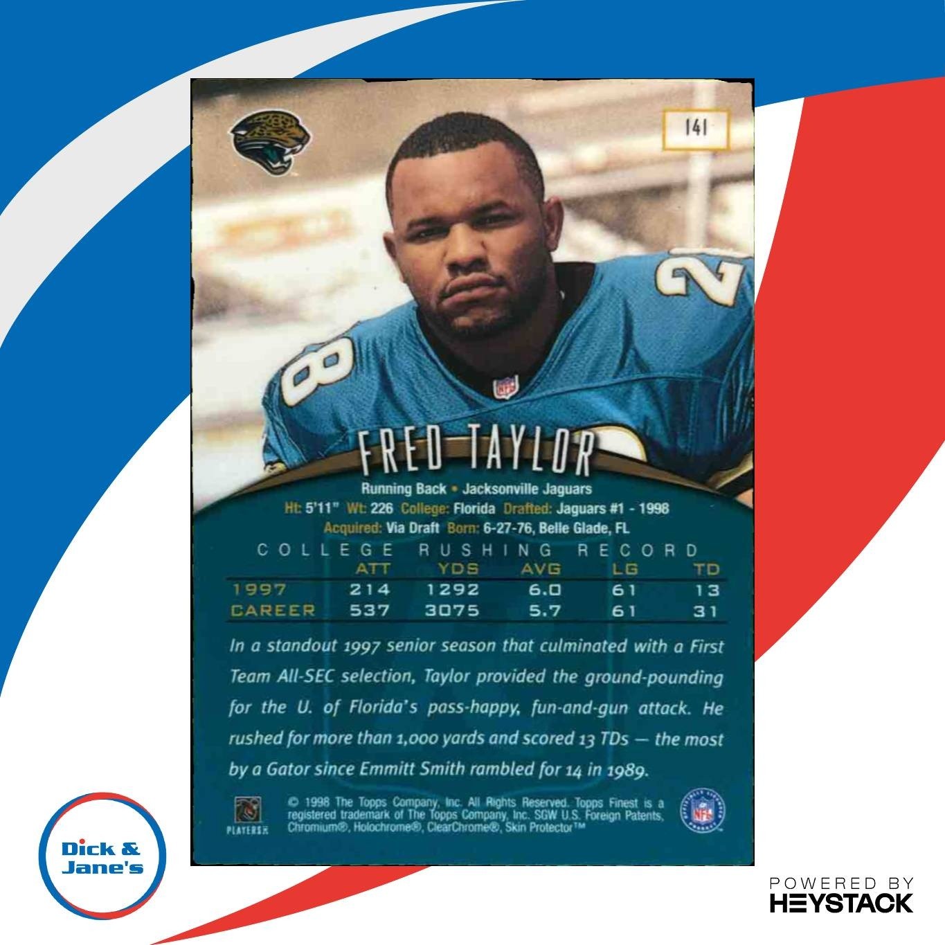 1998 Topps Finest Fred Taylor #141 RC Jacksonville Jaguars - Sports Cards