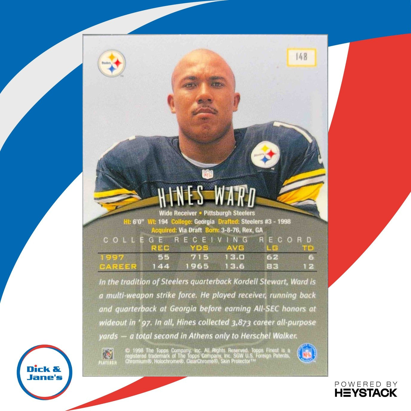 1998 Topps Finest Hines Ward #148 RC Pittsburgh Steelers - Sports Cards