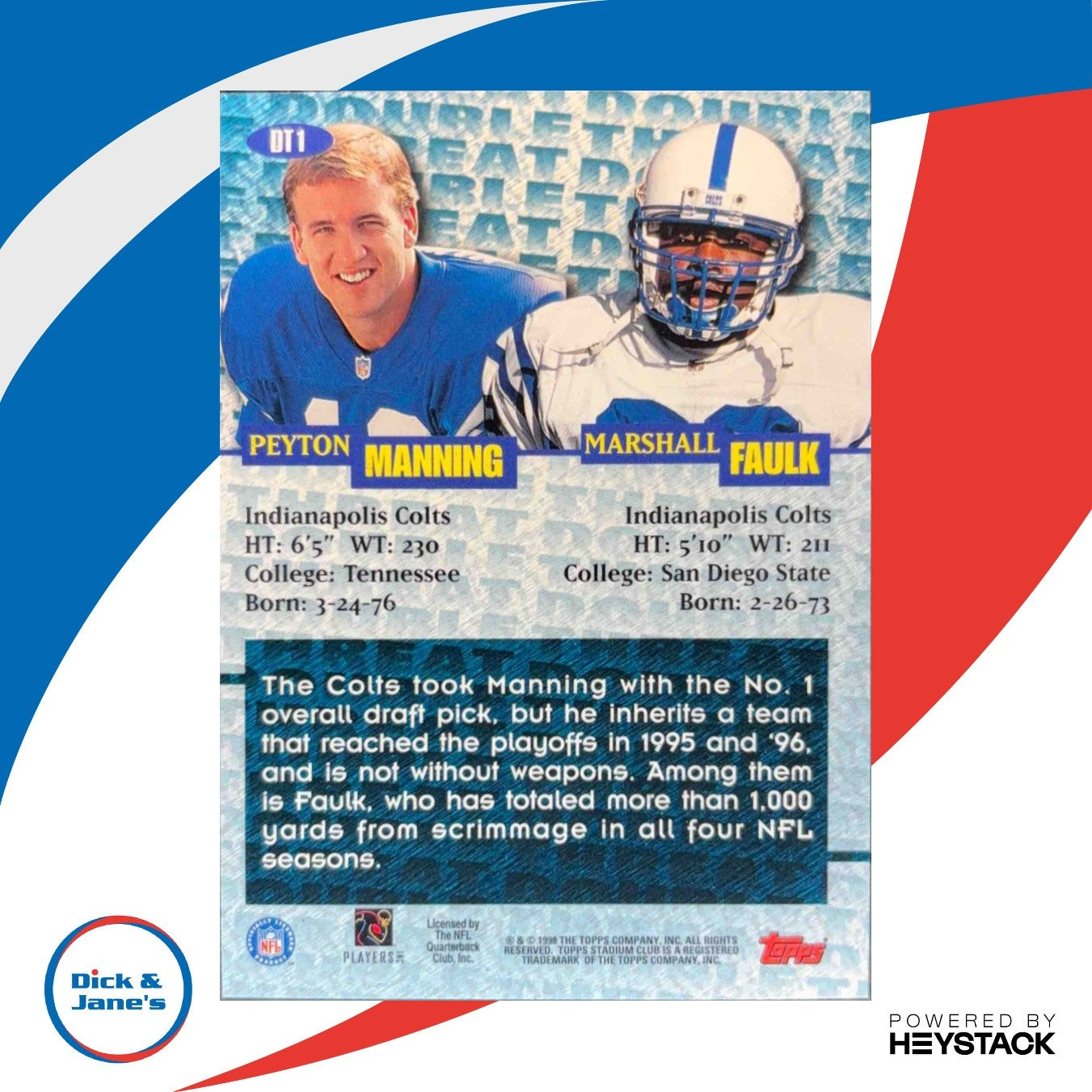 1998 Topps Stadium Club Marshall Faulk / Peyton Manning Double Threat #DT1 Colts - Sports Cards