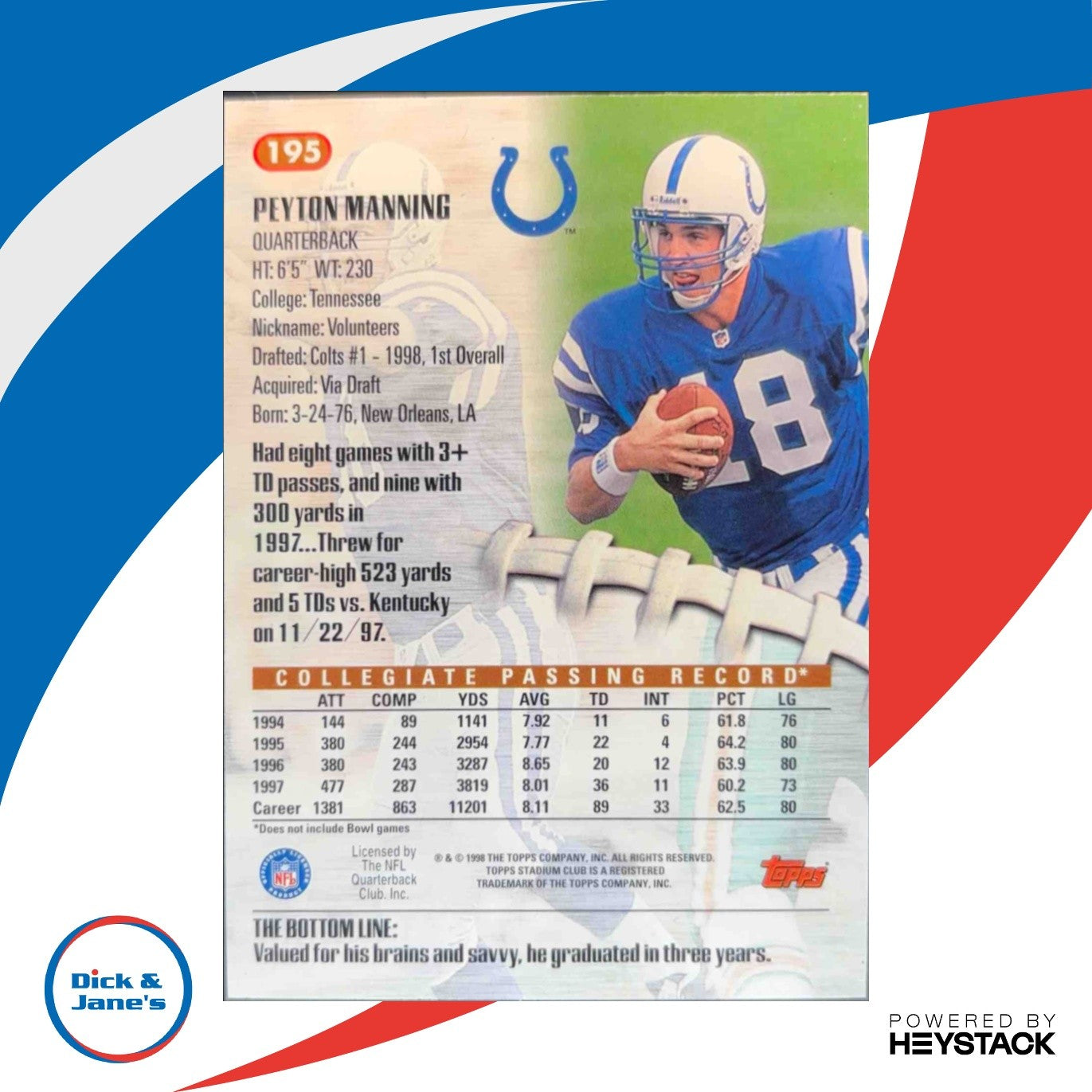 1998 Topps Stadium Club Peyton Manning #195 RC Indianapolis Colts - Sports Cards