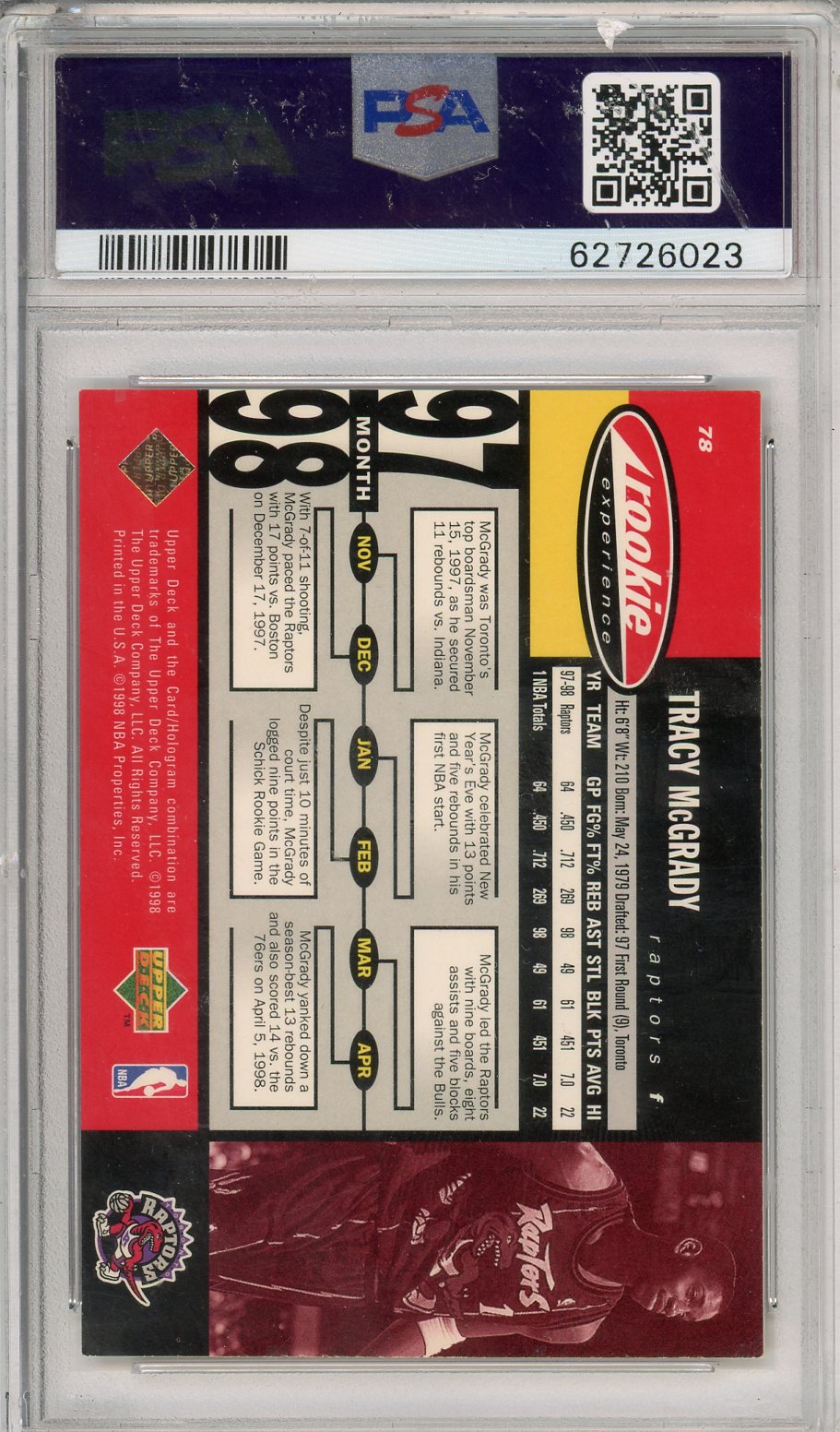 1998 Upper Deck Hardcourt Tracy Mcgrady #78 PSA 7 Toronto Raptors - Graded Sports Cards