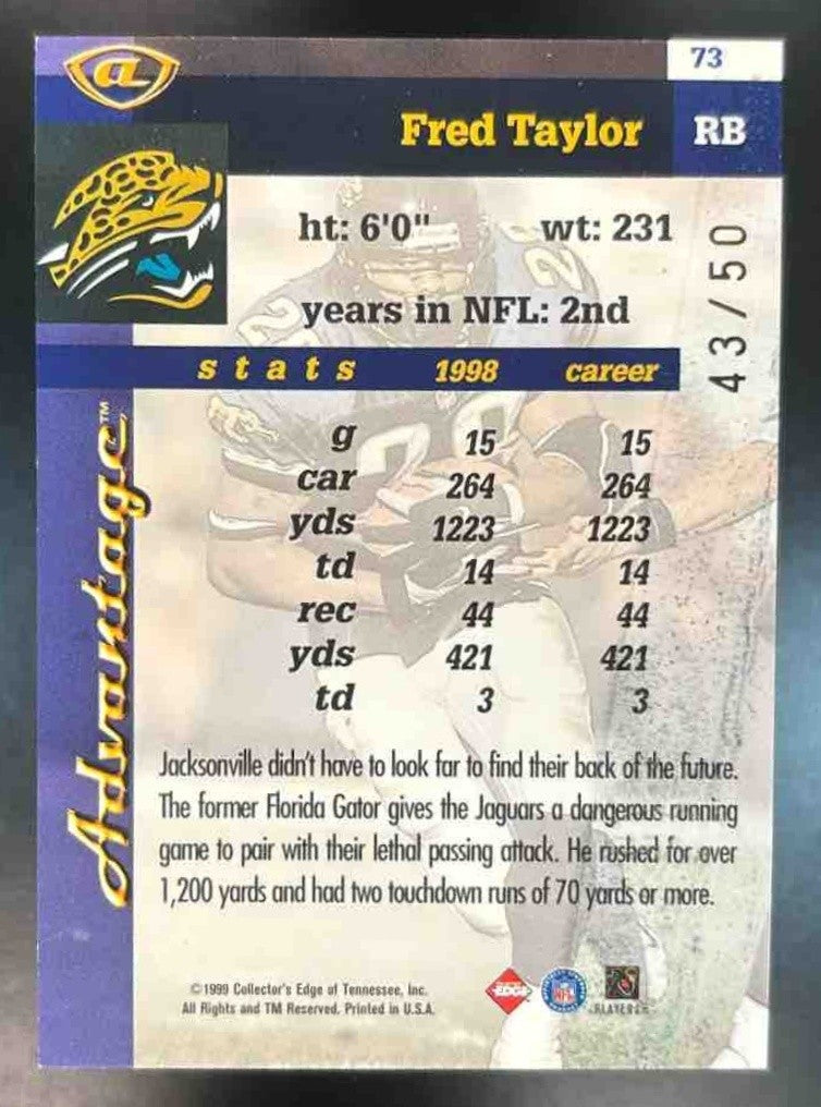 1999 Collector’s Edge Advantage Fred Taylor HoloGold /50 #73 Jacksonville Jaguar - Sports Cards