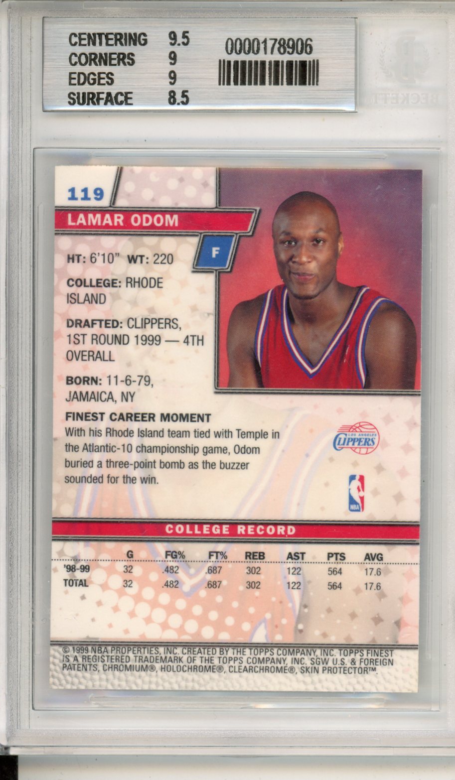 1999 Finest Lamar Odom Rookie #119 BGS 9 Los Angeles Clippers Graded Sports Cards
