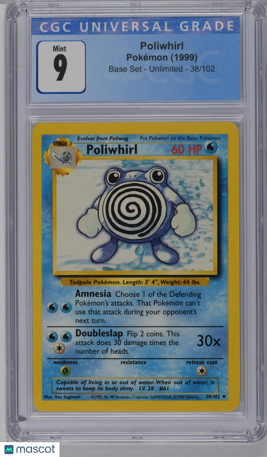 1999 Pokemon Base Set Poliwhirl #38/102 Unlimited CGC 9 MINT - Graded TCG/CCG