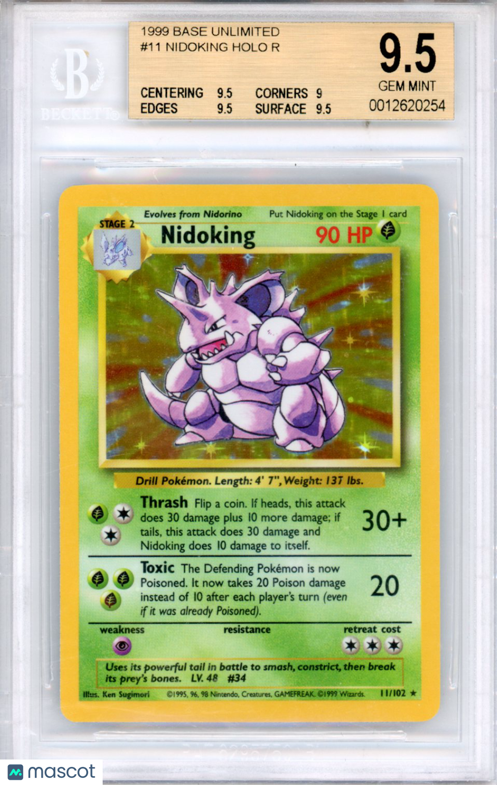 1999 Pokemon Base Unlimited Nidoking HOLO R #11 BGS 9.5 - Graded TCG/CCG