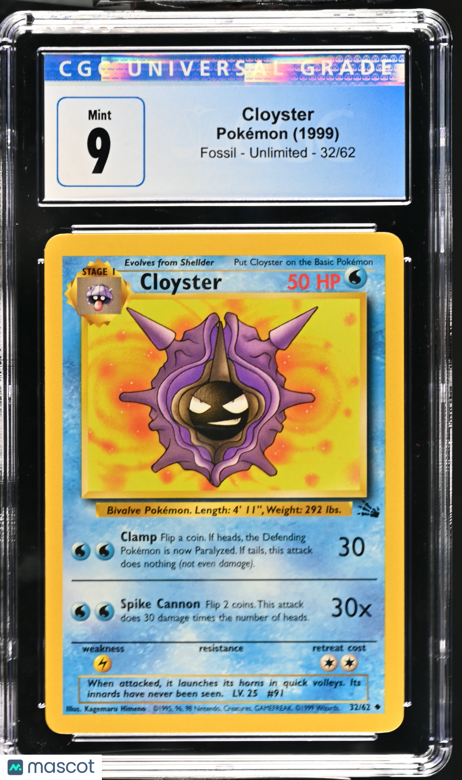 1999 Pokemon Fossil Cloyster #32/62 Unlimited CGC 9 MINT - Graded TCG/CCG