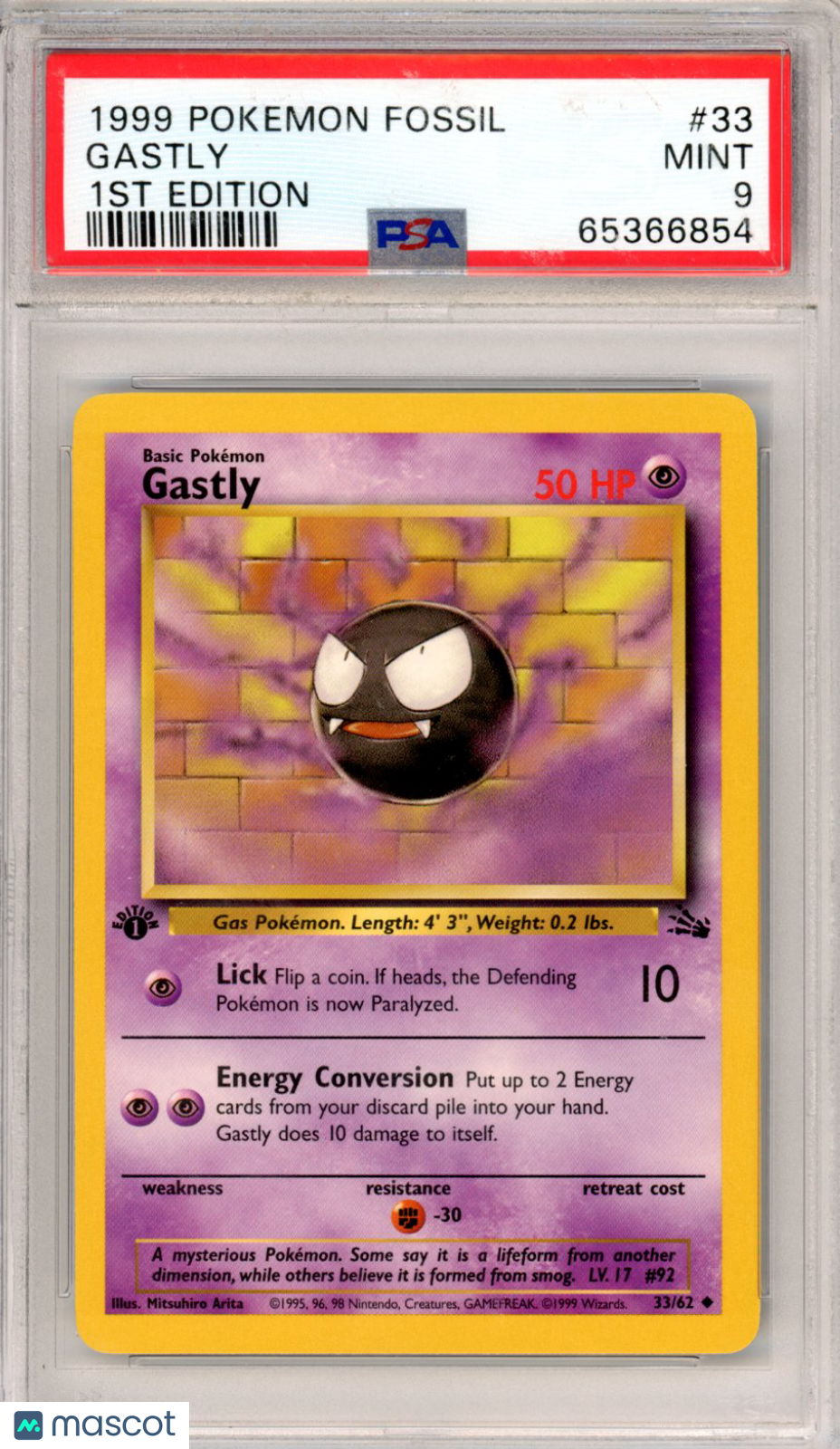 1999 Pokemon Fossil Gastly #33 1ST Edition PSA 9 - Graded TCG/CCG