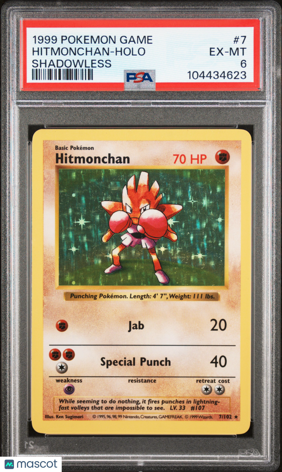 1999 Pokemon Game Hitmonchan #7 Holo Shadowless PSA 6 - Graded TCG/CCG