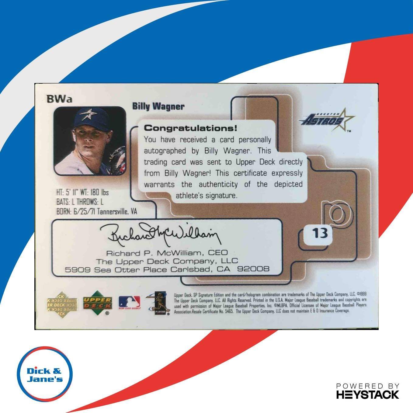 1999 SP Signature Edition Billy Wagner Auto #BWA Houston Astros - Sports Cards