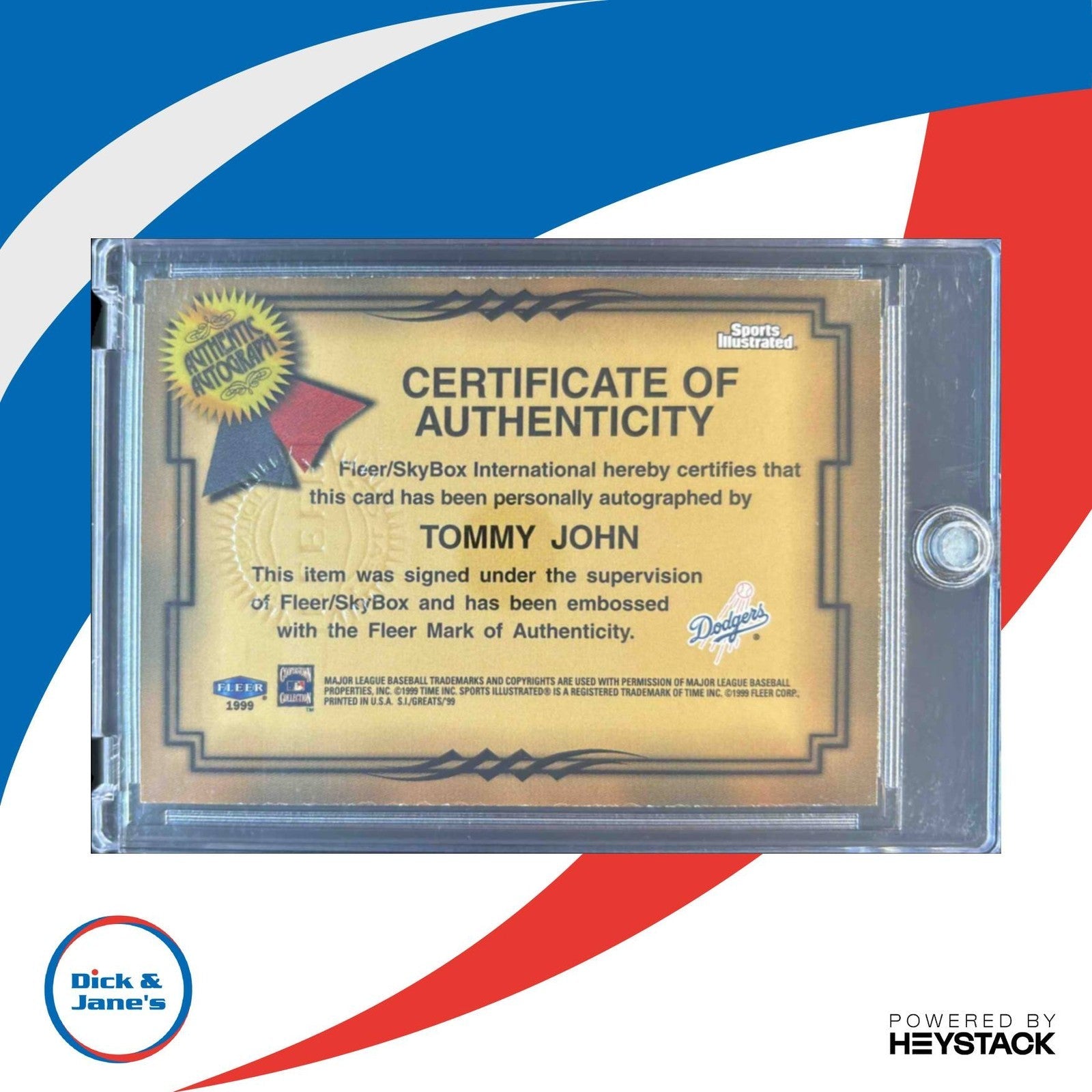 1999 Sports Illustrated Greats of the Game Tommy John Auto Los Angeles Dodgers - Sports Cards