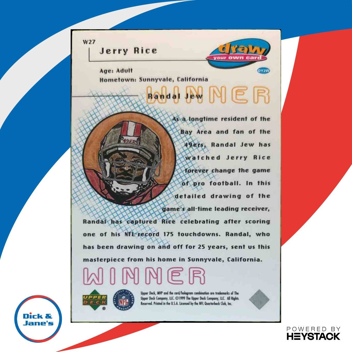 1999 Upper Deck MVP Jerry Rice Draw Your Own Card #W27 San Francisco 49ers - Sports Cards