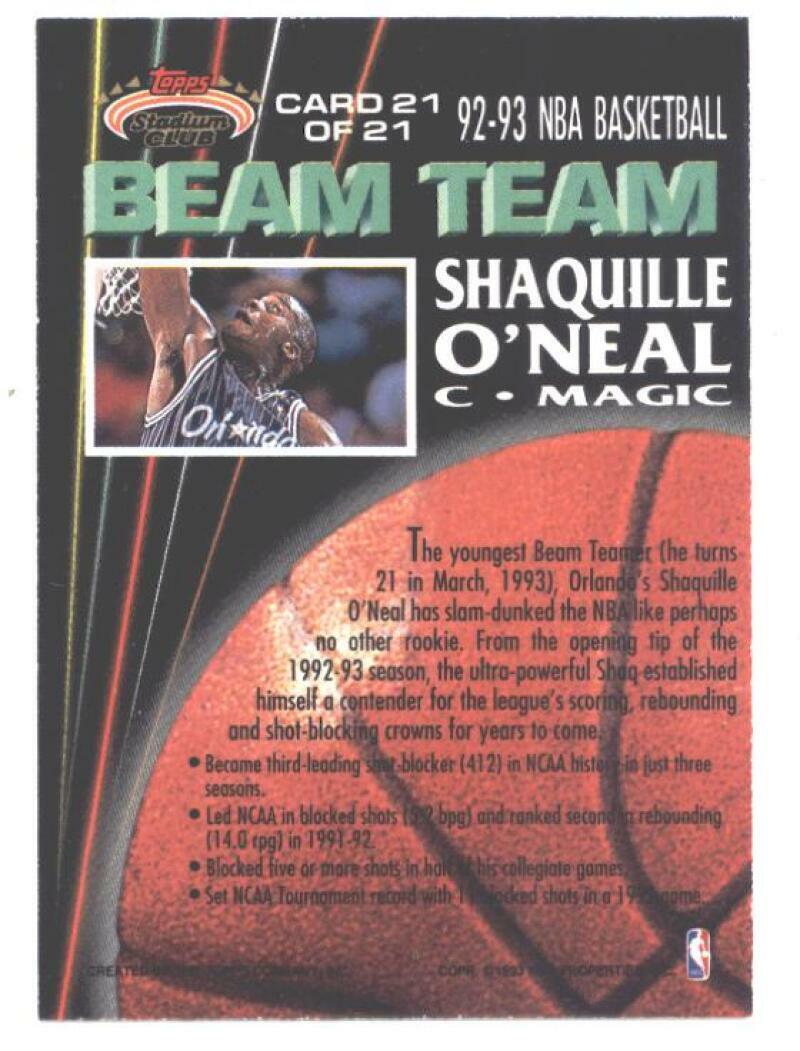 1992-93 Stadium Club Beam Team Members Only BT21 Shaquille O'Neal Magic  836342