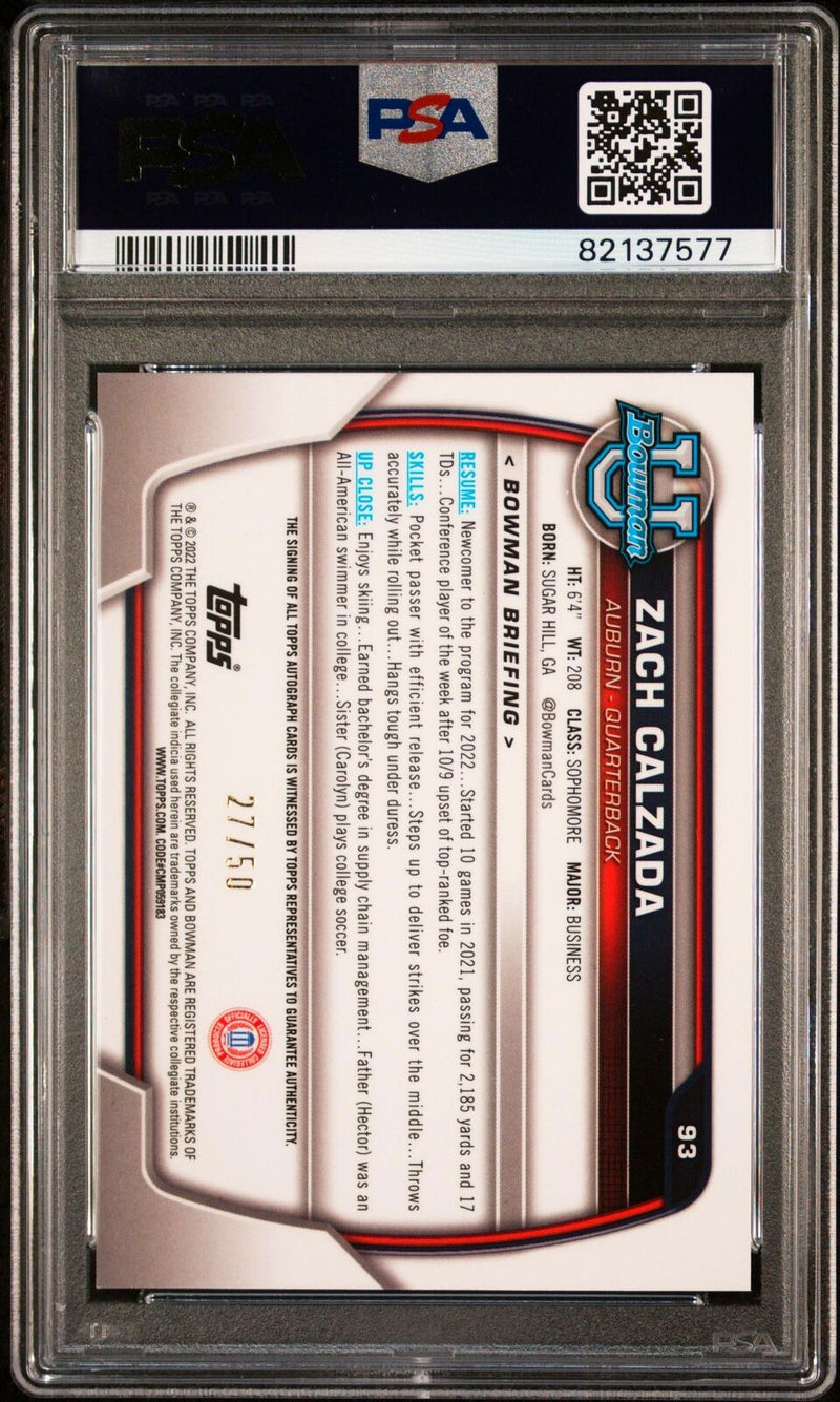 2022 Bowman University Chrome Prospects Zach Calzada Chrome Auto Gold Ref PSA 9