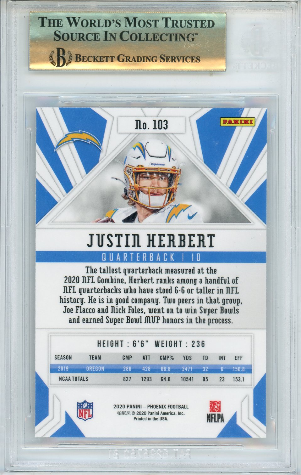 2020 Phoenix Fire Burst Justin Herbert Rookie #103 BGS 9.5 Los Angeles Chargers
