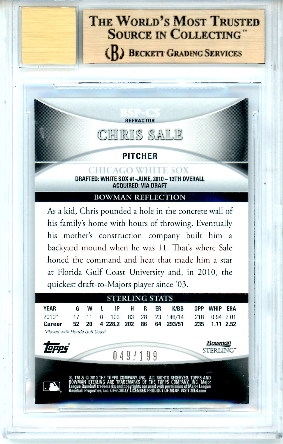 2010 Bowman Sterling Propsect Autographs Refractors Chris Sale BGS 9.5