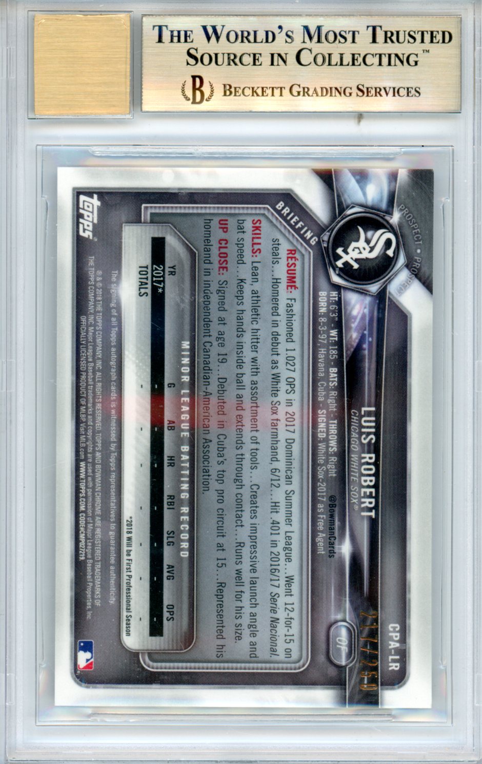 2018 Bowman Chrome Prospect Auto Purple Refractors Luis Robert BGS 9.5 /250