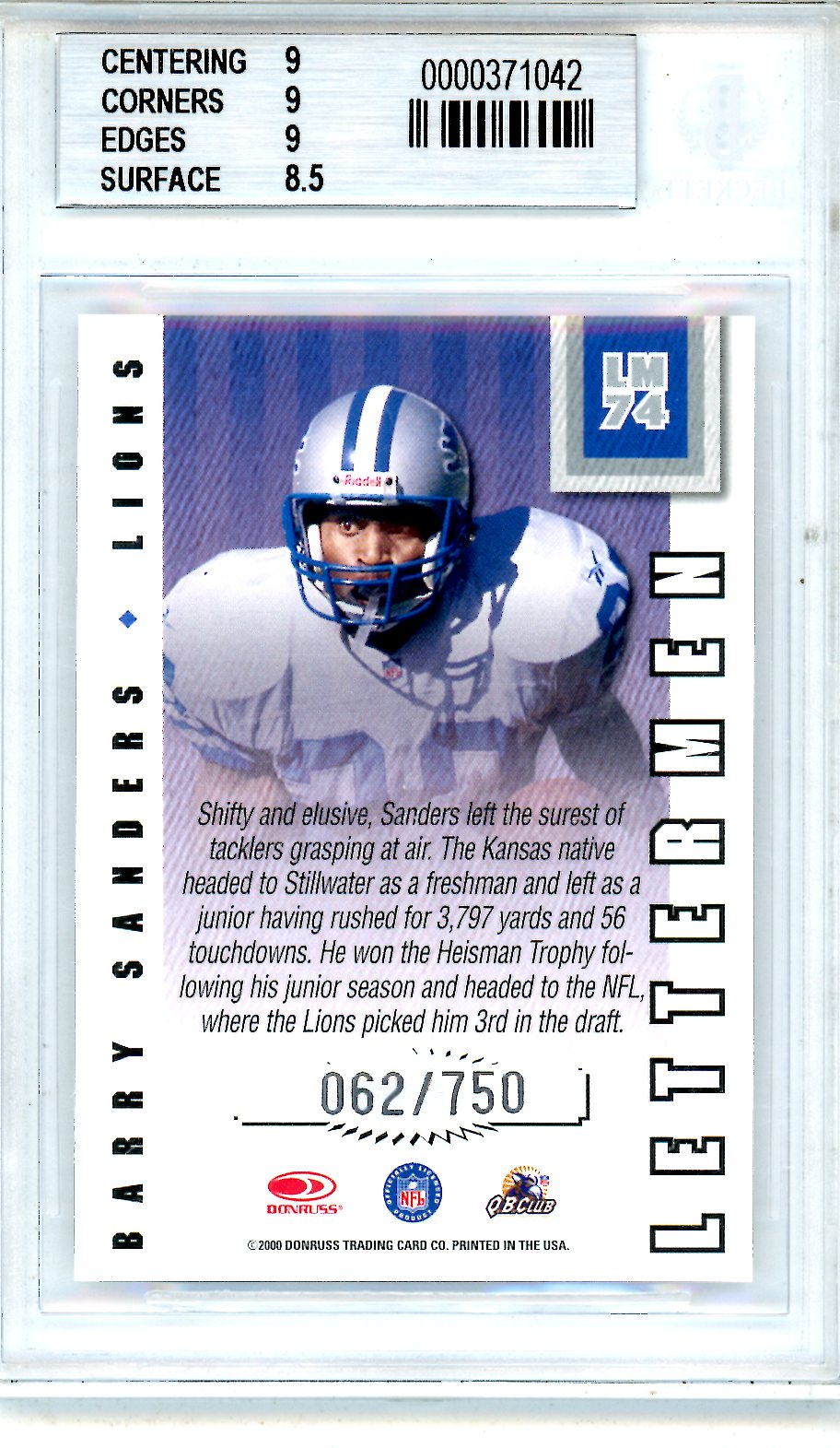 2000 Donruss Preferred Lettermen Graded Barry Sanders 062/750 #74 BGS 9 - Graded Sports Cards
