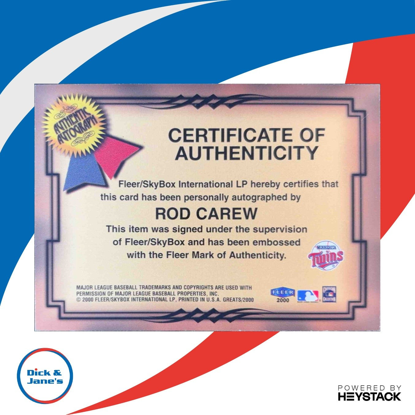 2000 Greats of the Game Autographs Rod Carew Minnesota Twins - Sports Cards