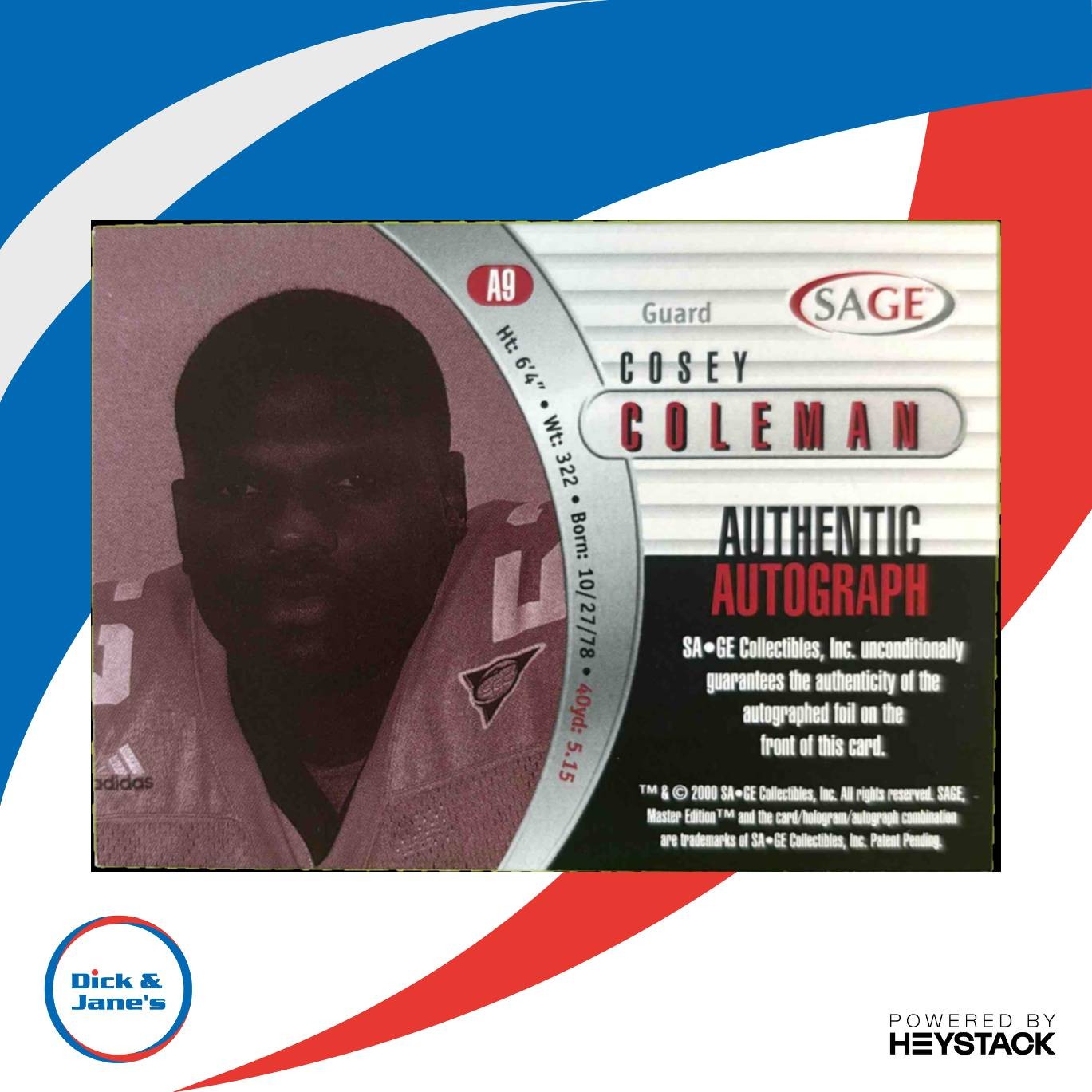 2000 SAGE Cosey Coleman Auto Bronze /650 #A9 - Sports Cards