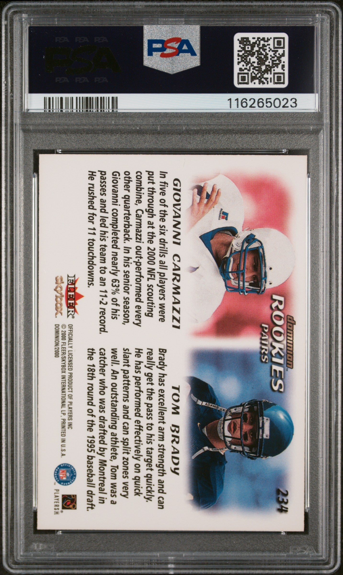 2000 Skybox Dominion Tom Brady G. Carmazzi Rookie PSA 10 New England Patriots Graded Sports Cards