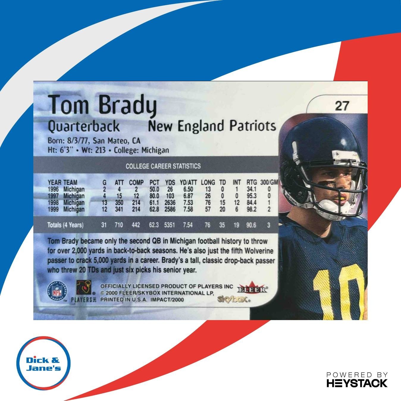 2000 Skybox Impact Tom Brady #27 RC New England