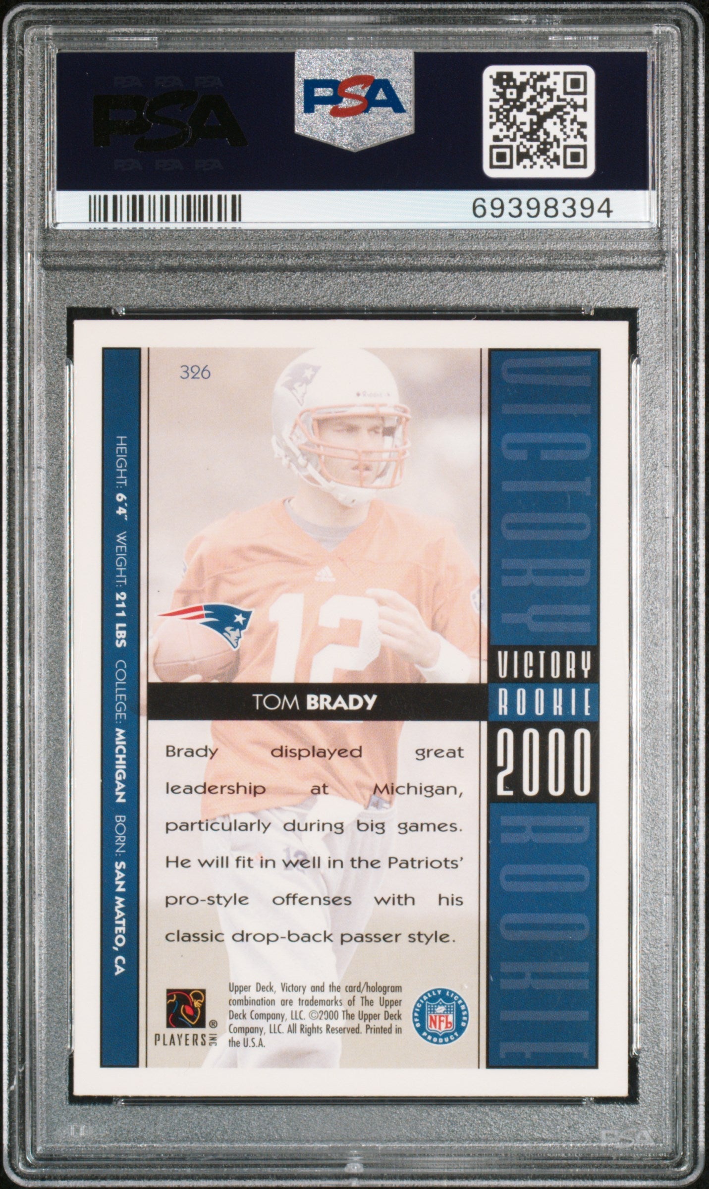 2000 Victory Tom Brady Rookie #326 PSA 7 New England Patriots - Graded Sports Cards
