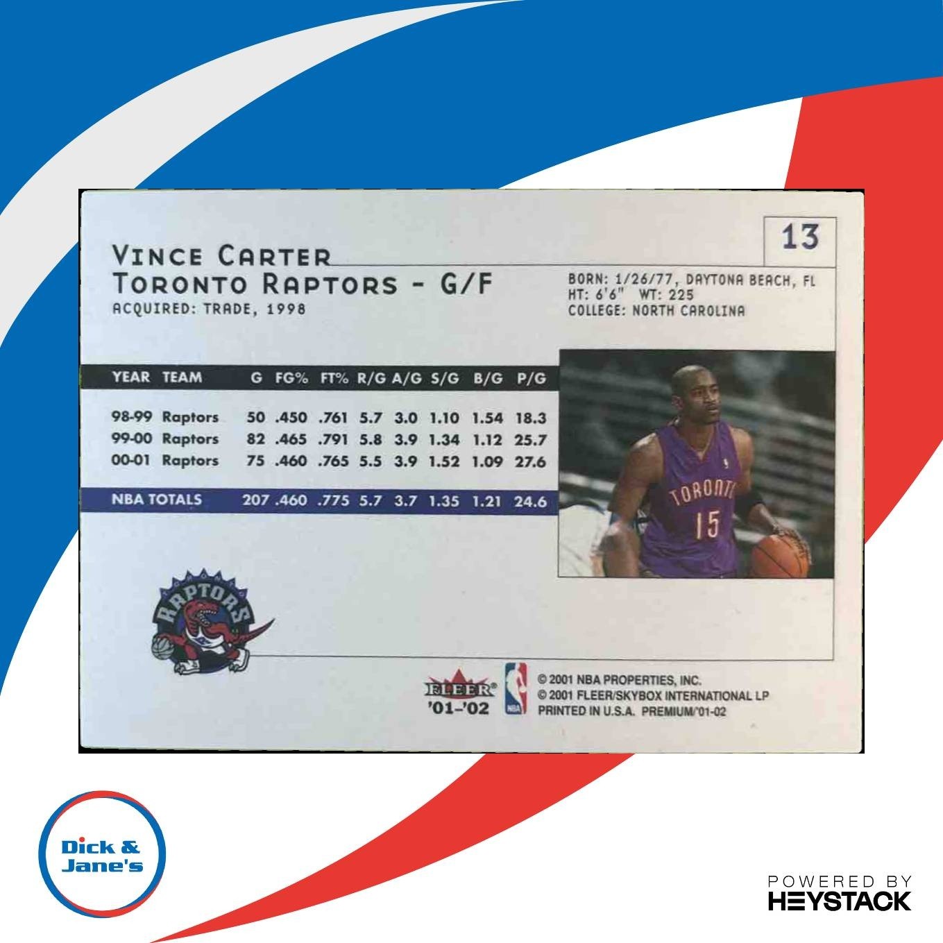 2001-02 Fleer Premium Vince Carter #13 Toronto Raptors - Sports Cards