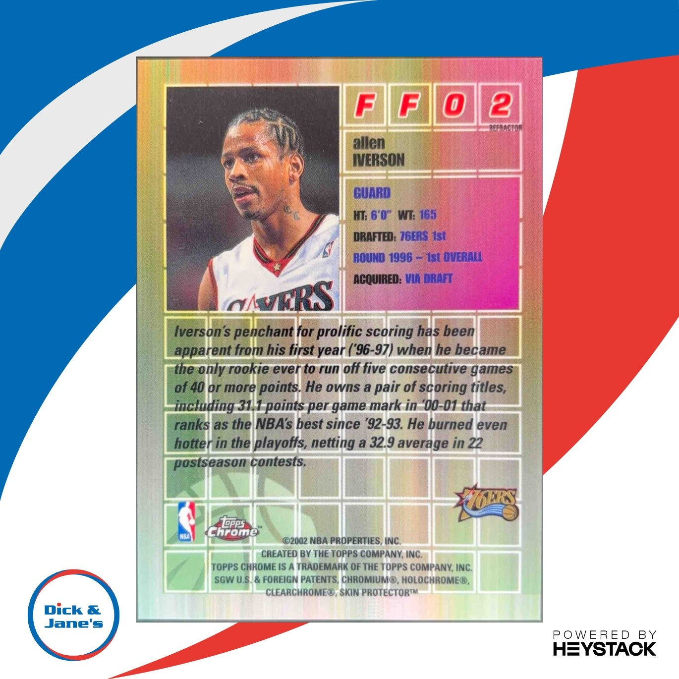 2001-02 Topps Chrome Allen Iverson Fast and Furious Refractor #FF02 Philadelphia - Sports Cards