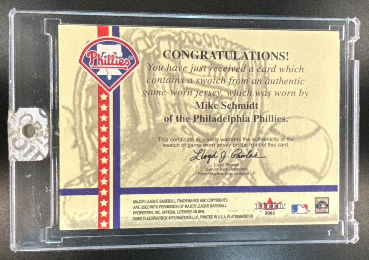 2001 Fleer Platinum 20th National Patch Time Game Used Jersey Mike Schmidt MEM - Sports Cards